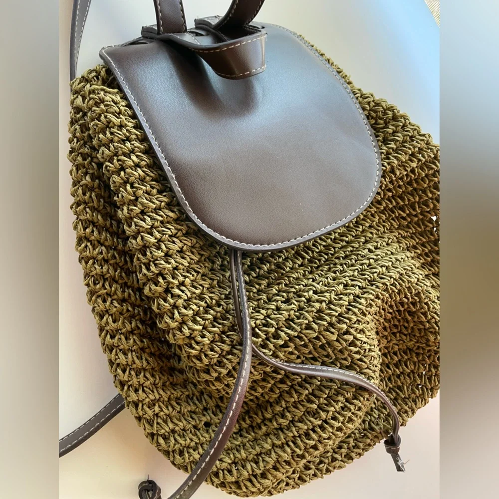 Cappelli Straworld Olive Green Woven Raffia Backpack Brown Faux Leather Trim